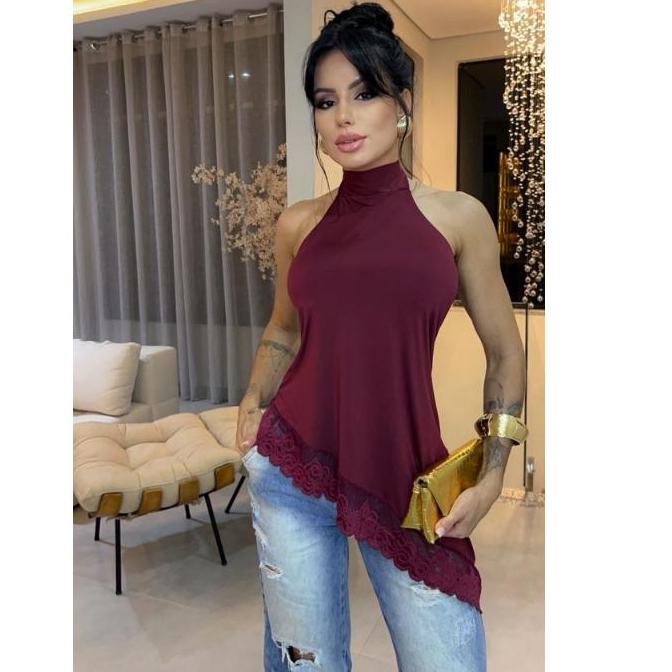 Blusa Feminina Gola Alta Crepinho Premium Assimétrica Renda Elegante Chic Casual Moda /Sotisficado