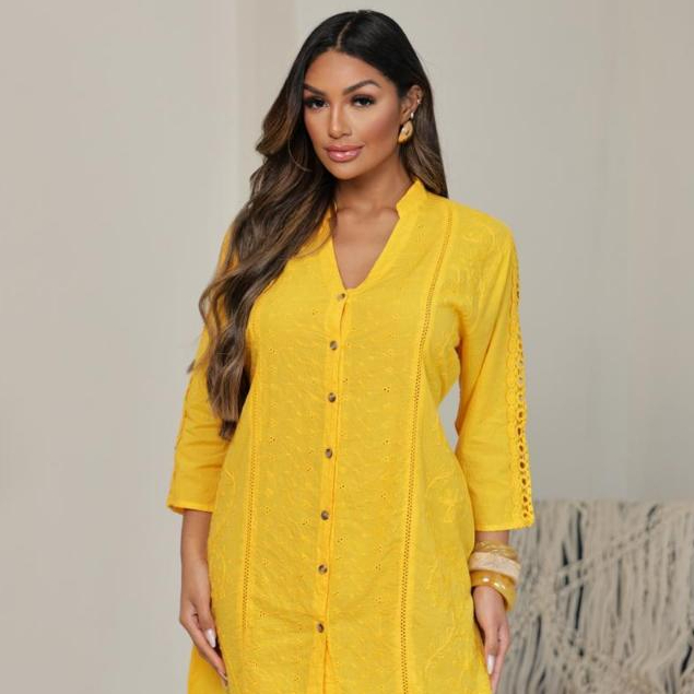 Vestido Chemise Indiano Boho Chic Feminino Bordado Premium Amarelo Manteiga ENVIO IMEDIATO