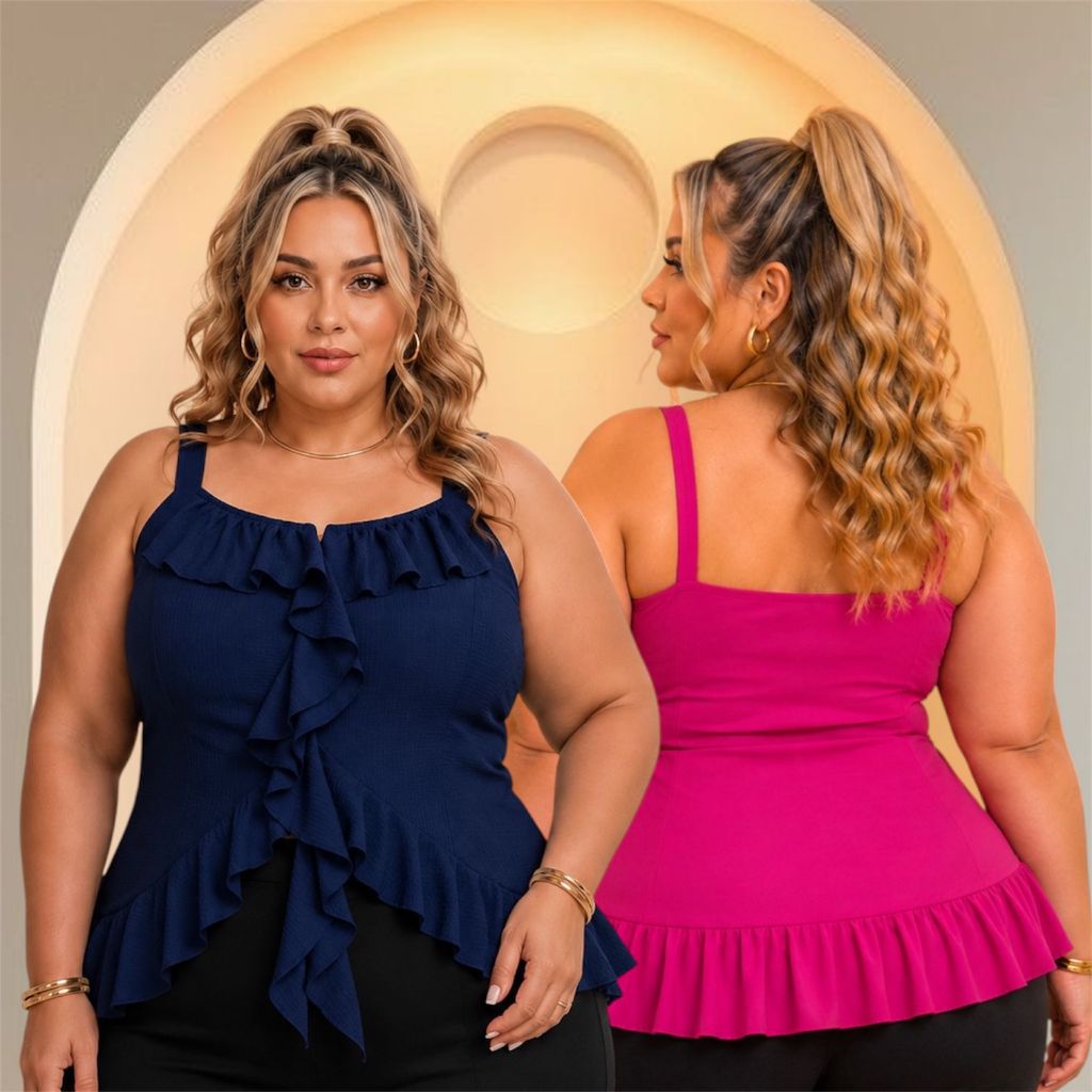Blusas Feminina Plus Size Boho Chic Alça Finas e Babados All Moda Tam Único 46ao50