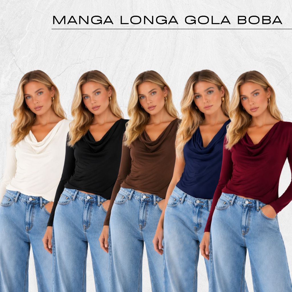 Blusa Gola Boba Feminina Manga Longa Ajustada Elegante Confortável Look Casual Chic Moda Feminina Decote Degagê Arrumada
