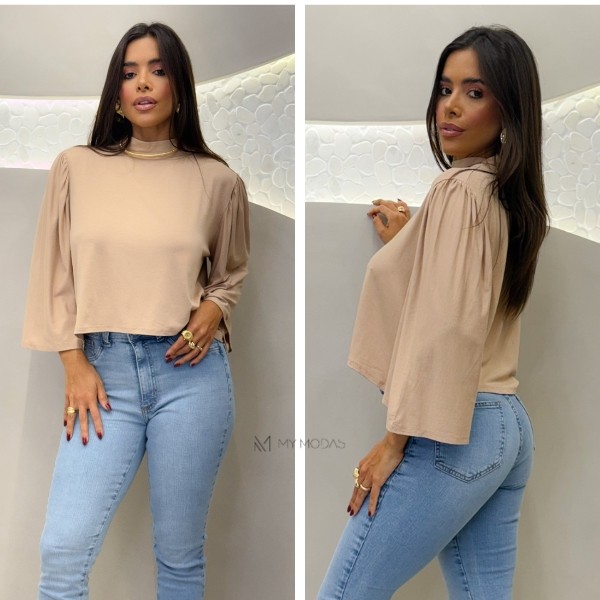 Blusa Manga Ballon em Visconlycra Feminina Chic Moderna Casual Tendência Verão Elegante Bufante