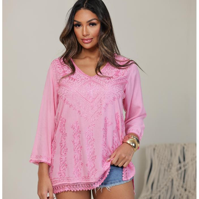 Bata Indiana Feminina Bordada Rosa 100% Algodão Premium Manga Longa Boho Chic Casual ENVIO IMEDIATO