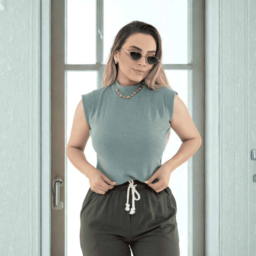 Blusa Feminina Gola Alta Ribana Canelada Chique Elegante