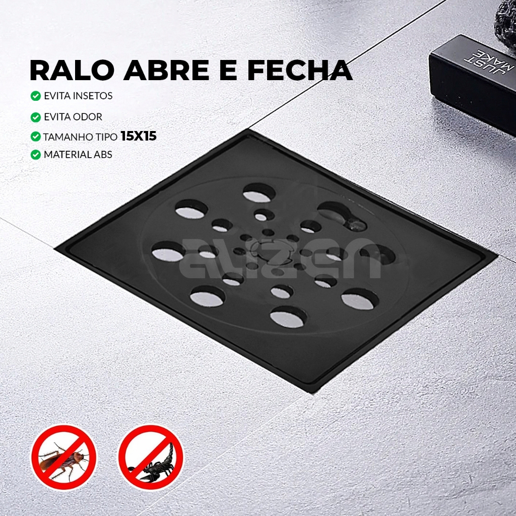 Ralo Banheiro Quadrado Abre e Fecha 15x15 Preto Evita Insetos e Odor