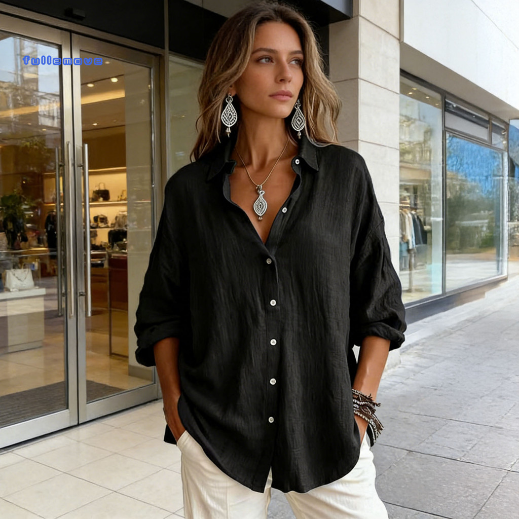 Women Shirt Women’s Soft Fabric Loose Fit with Roll-up Cuffs Lapel Collar Button-down Mid-length Top for Spring Summer