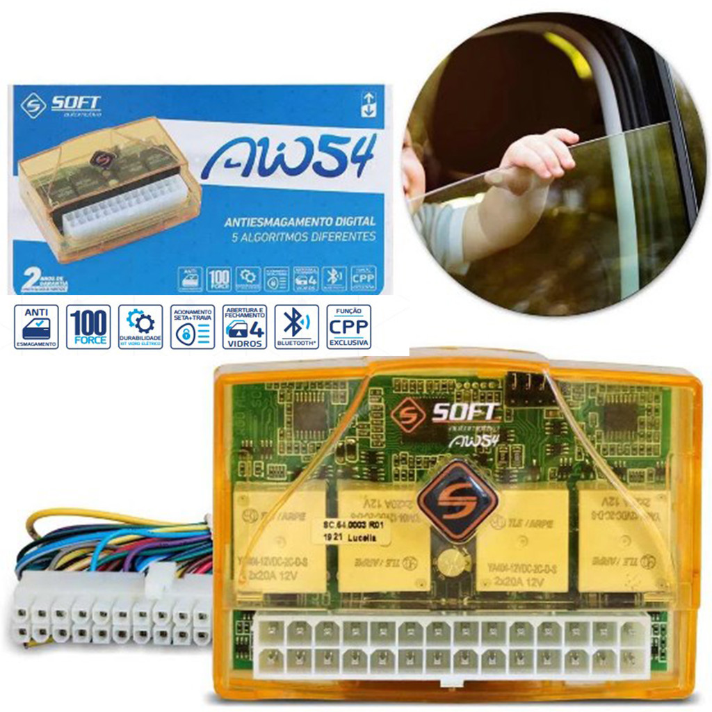 Módulo De Vidro Elétrico Universal 4 Portas Subida/Descida Automática Antiesmagamento AW54-Soft