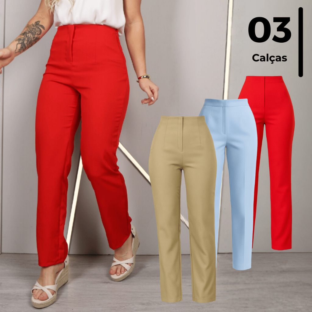 Lote 3 Calça Feminina de Alfaiataria Cintura Alta Reta sem Bolsos Verão Fresco Lisa Diferentes Cores