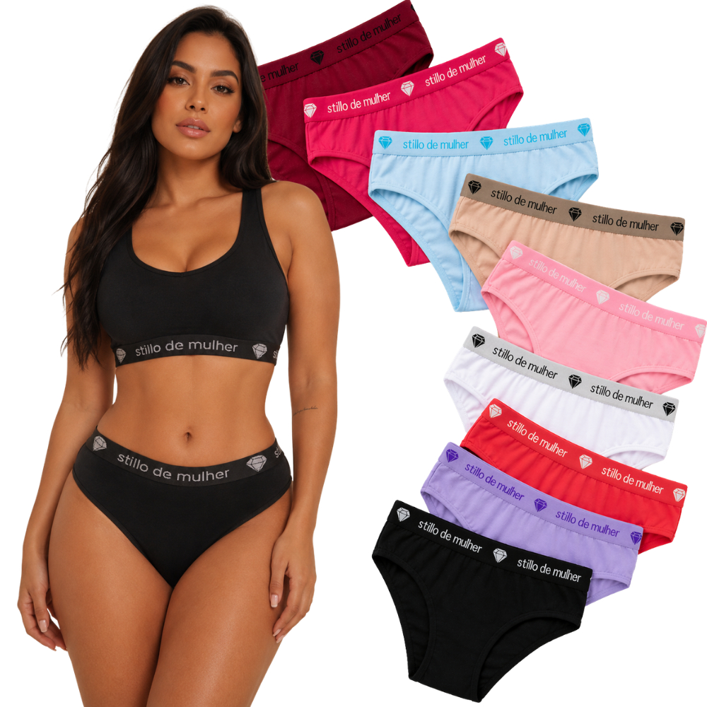 Kit Calcinha Feminina Tanga Conforto Cintura Alta em Algodão Cores Lisas e Estampadas Atacado