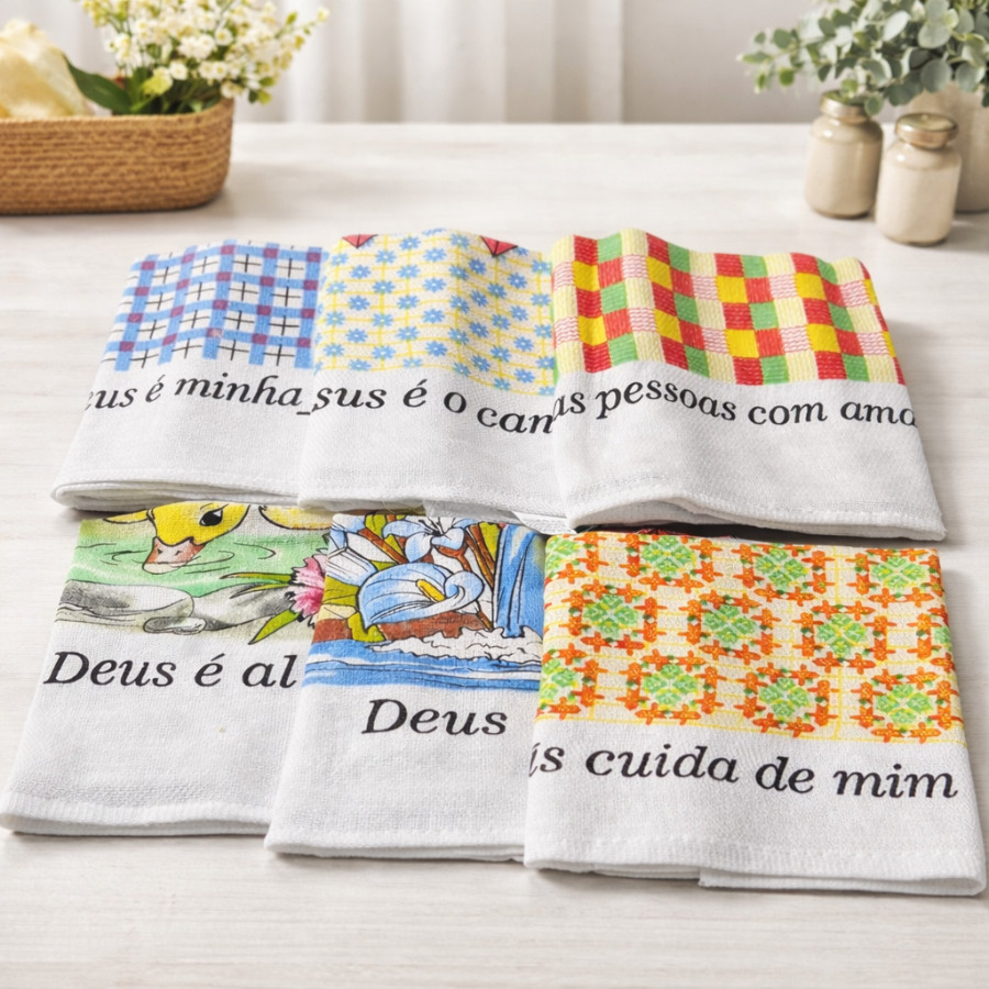 Kit com 10 ou 12 Pano de Prato Algodão Estampado com Alta Qualidade para Cozinha - Cores Variadas