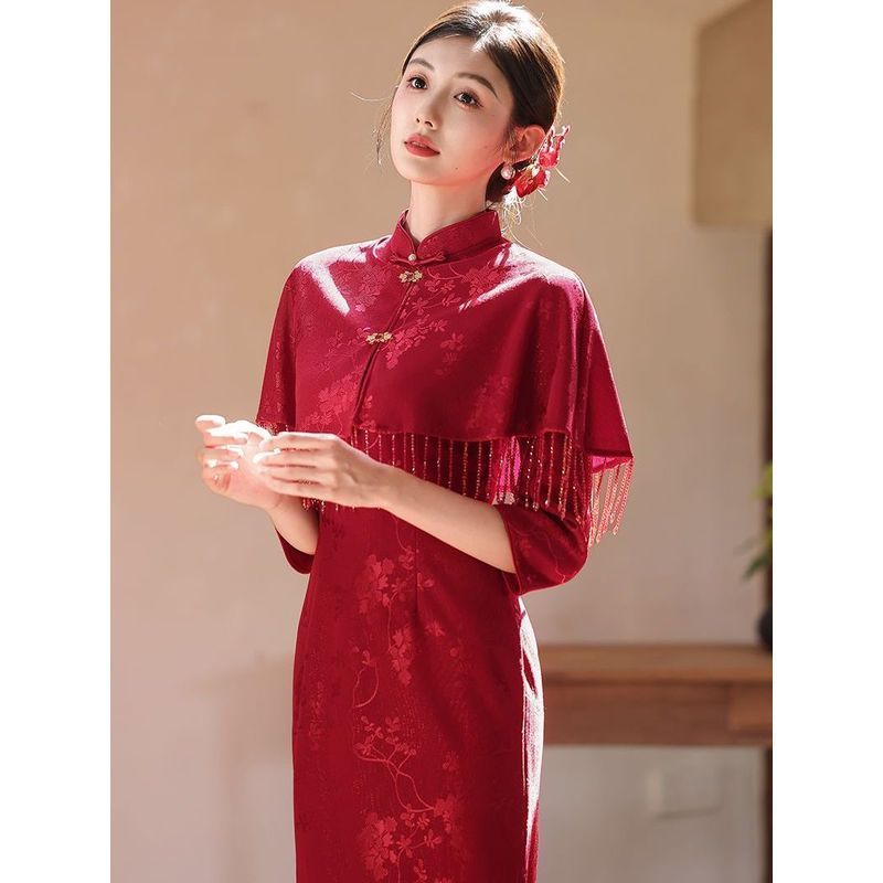 Chinese-style shawl, red engagement dress, modified cheongsam for toasting, new wedding dress for bride, dress for certi