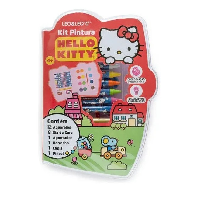Kit Pintura Cores Hello Kitty - Estojo C/ 24 Peças Leo&leo Material escolar Arte Colorir Aquarela Gis de cera Menina