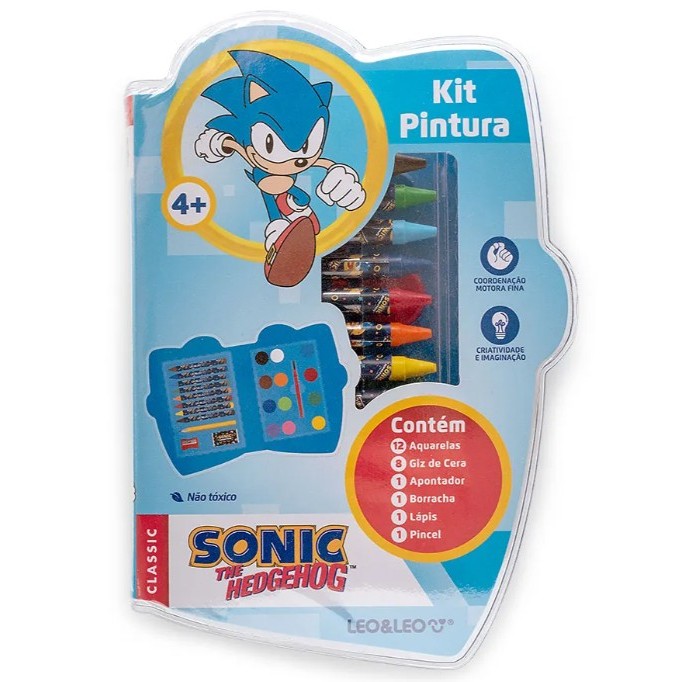 Kit Pintura Cores Sonic - Estojo C/ 24 Peças Leo&leo Escolar Material Escolar Pintura Arte Gis de cera Aquarela Meninos