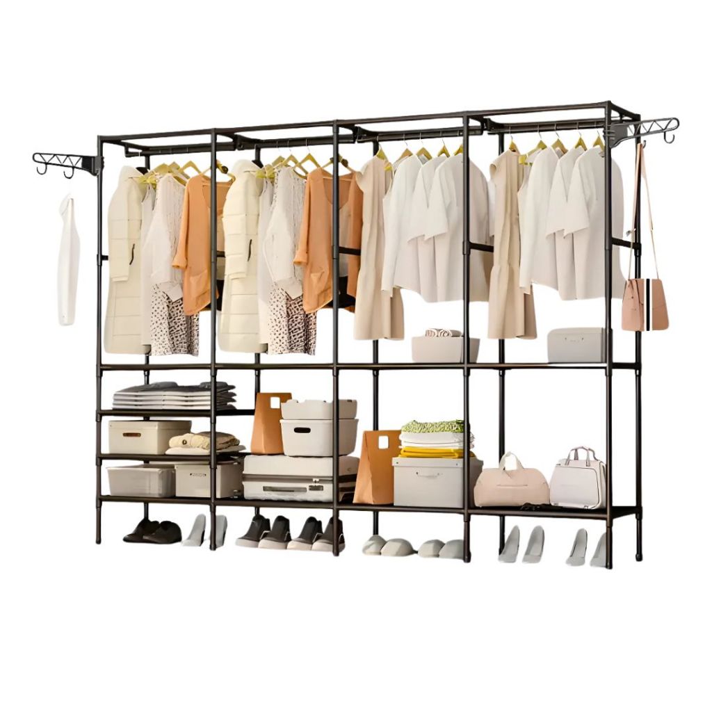 Guarda-Roupa Portátil Aberto 4 Colunas com Cabideiro Multiuso Desmontável Cores Variadas