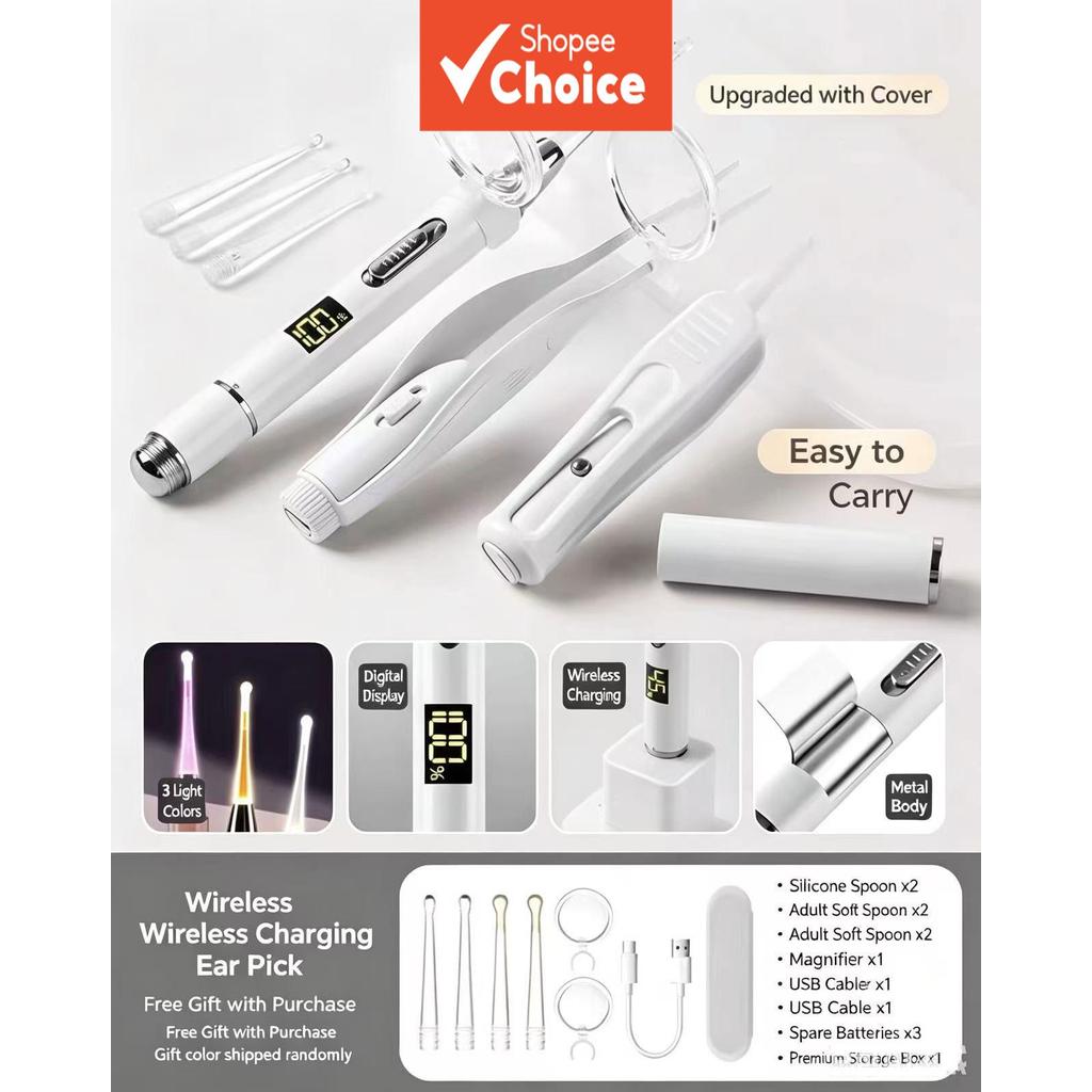 Kit de remoção de cera auricular sem fio, display digital recarregável com lupa e curetas, conjunto portátil de limpeza