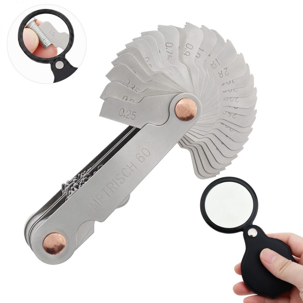 Conjunto De Medidor De Passo De Rosca De Metal De 58 Unidades Com Lupa De Vidro Óptico Dobrável