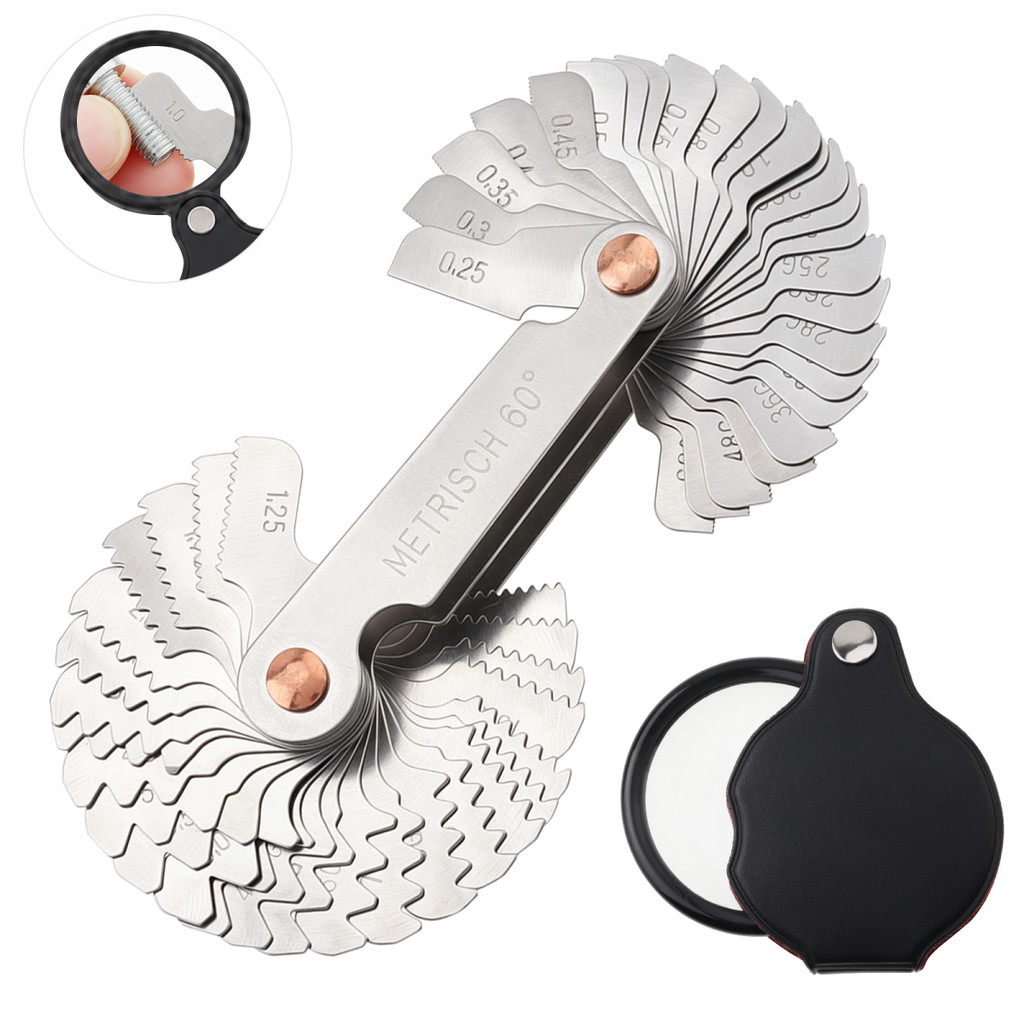 Conjunto De Medidor De Passo De Rosca De Metal De 52 Peças Com Lupa De Vidro Óptico Dobrável
