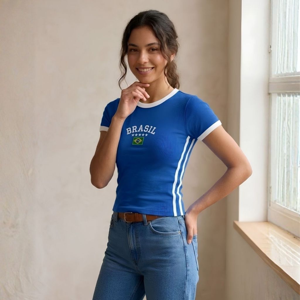 Camiseta Bordada Estilo Feminino  Azul Royal  Slim Blogueira Gola Redonda Suplex