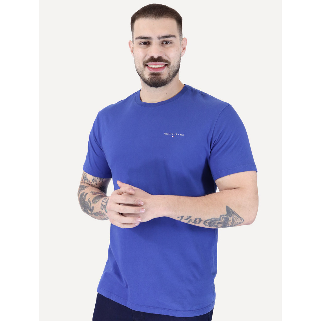 Camiseta Tommy Jeans Original Masculina Slim Linear Chest Azul Royal