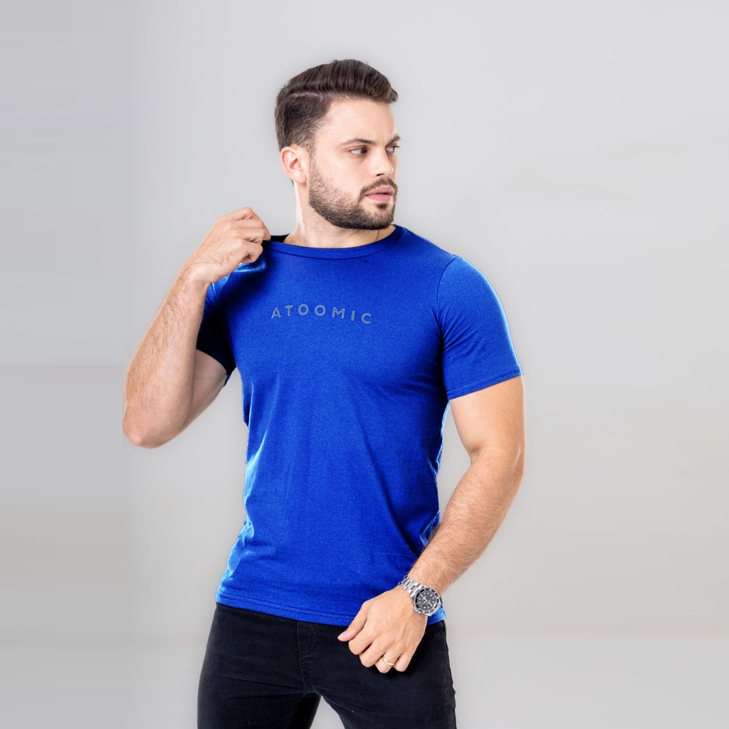 Camiseta Básica Estampa Atoomic Azul Royal Modelo Casual Slim 100% Algodão 30.1