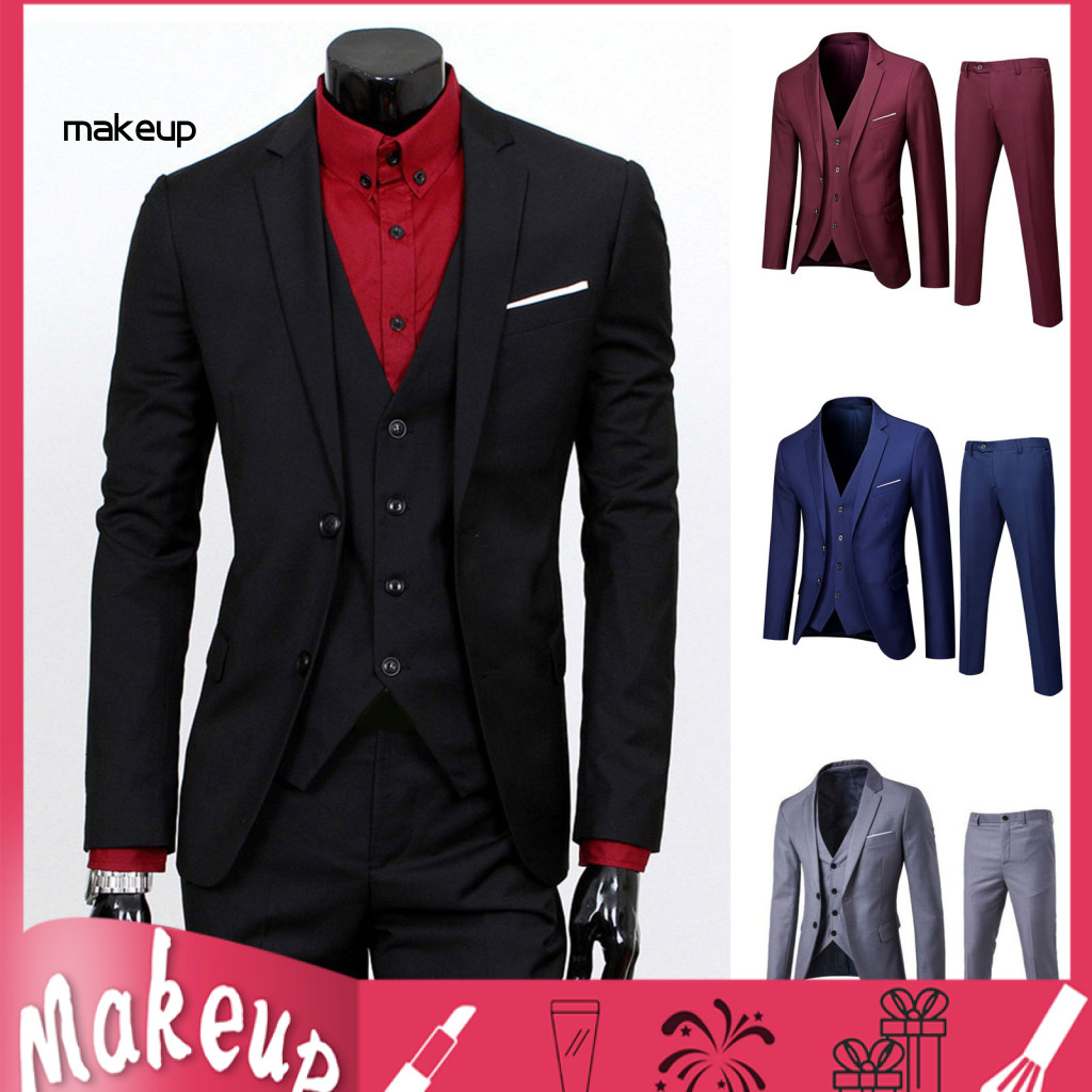 Four-button Cuffs Suit Style Outfit 3pcs Men Slim Fit Set – Formal Wedding Tuxedo Jacket Vest Pants Solid Color Busine