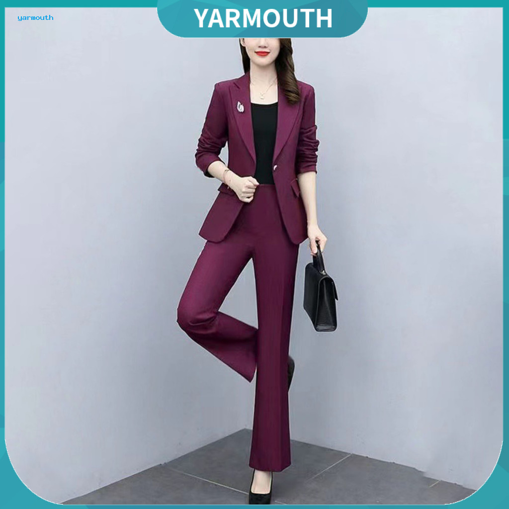 Lady Jacket Pants Set Women Coat 2 Pcs Formal Suit – Slim Fit Blazer Flared Turn-down Collar Long Sleeve Office Outfit