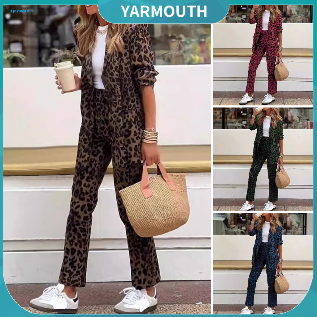 Women Leopard Print Suit Set Commuter Outfit 2 Pcs Formal Lapel Cardigan High Waist Straight Pants Business Office Workw