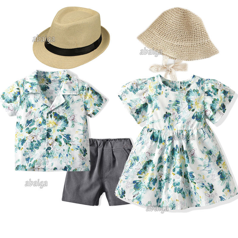 Baby Boy Outfit Pintura A Óleo Verde Flores Camisa Calções Cavalheiro Fato De Meninas Vestido De Família Irmãos Gêmeos Conjunto De Correspondência Moda Formal Verão Irmão Irmã Praia Ootd