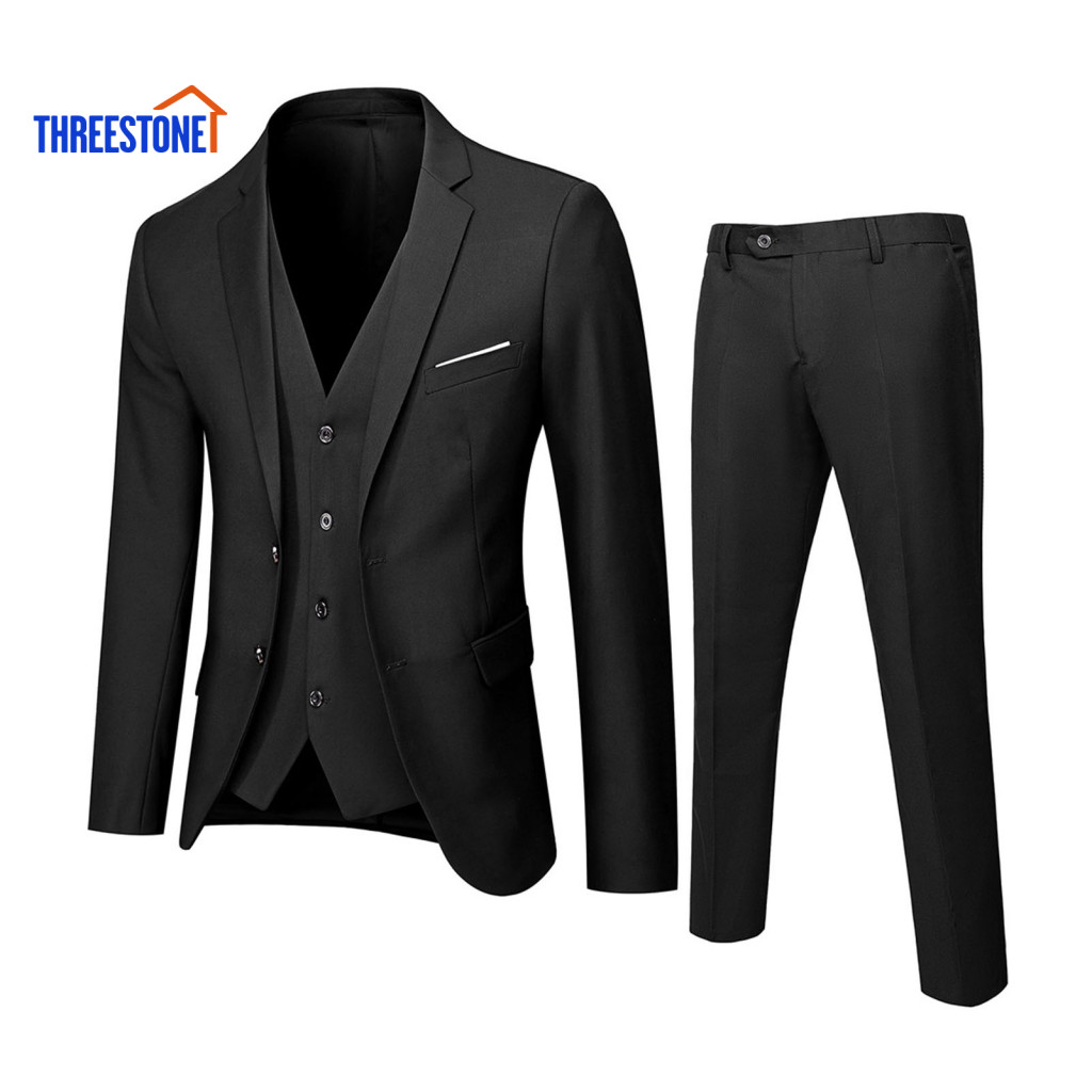 Men Suit 3pcs Slim Fit Set – Formal Wedding Tuxedo Jacket Vest Pants Business Office Outfit Solid Color Stylish Blazer