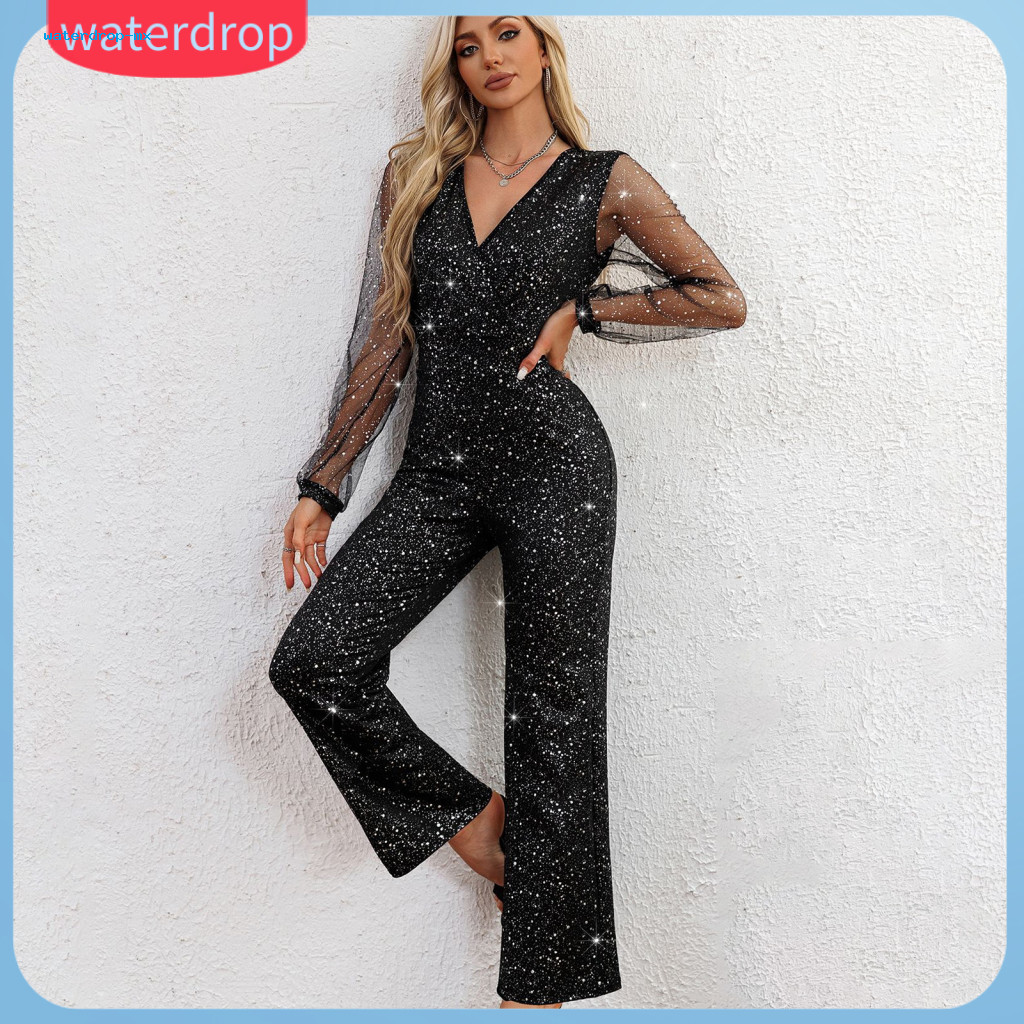 Women’s Rose Sequin V Neck Jumpsuit with Geometric See-through Mesh Sleeves Slim Fit High Waist Formal Prom Outfit for