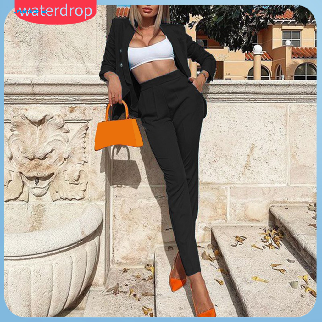2 Pcs Women Formal Suit Set – Long Sleeve Lapel Cardigan High Waist Pants Solid Color Business Office Outfit Mid-lengt