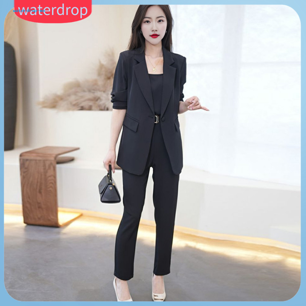 3 Pcs Women Spring Fall Outfit Set – O Neck Vest Long Sleeve Coat Wide Leg Pants Office Workwear Formal Business Commu