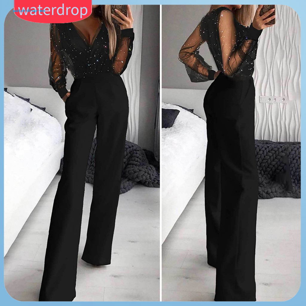 Women’s See-through Mesh Patchwork Jumpsuit High Waist Wide Leg with Pockets V Neck Party Formal Banquet Outfit Elegan
