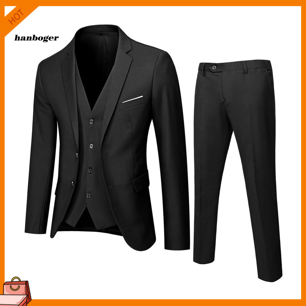 Suit Jacket Vest Pants Set Hand-stitched 3pcs Men Slim Fit – Formal Wedding Tuxedo Solid Color Business Outfit for Gro