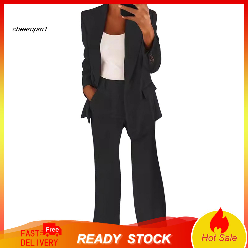 Lightweight Autumn Outfit Lapel Jacket Set 2 Pcs Women Formal Suit – Slim Fit Cardigan High Waist Wide Leg Pants Long