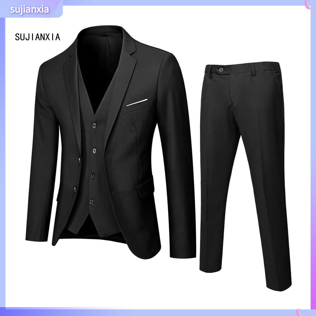 Button Closure Suit Jacket 3pcs Men Slim Fit Set – Formal Wedding Tuxedo Vest Pants Solid Color Business Outfit for Gr