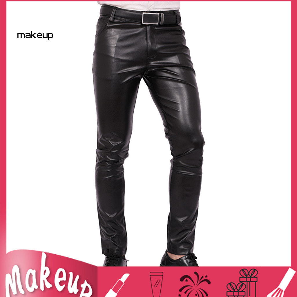 Sleek Motorcycle Style Pants Men Tight Fuax Leather Men's Faux Slim Fit with Pockets Stretchy Trousers for Spring Fall S