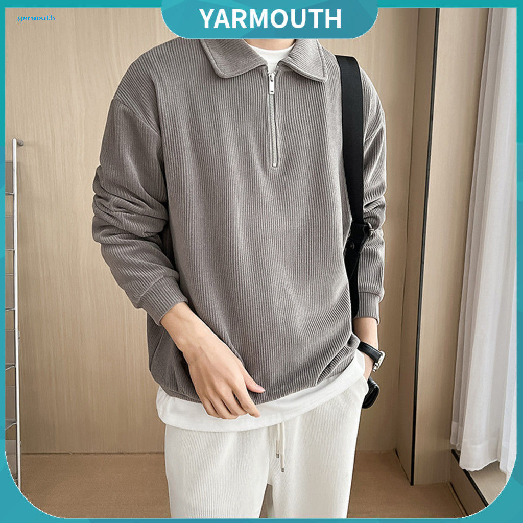 Men Spring Shirt Retro Vertical Striped Corduroy Top Men's Fall Half Zipper Turn-down Collar Long Sleeve Pullover Stripe