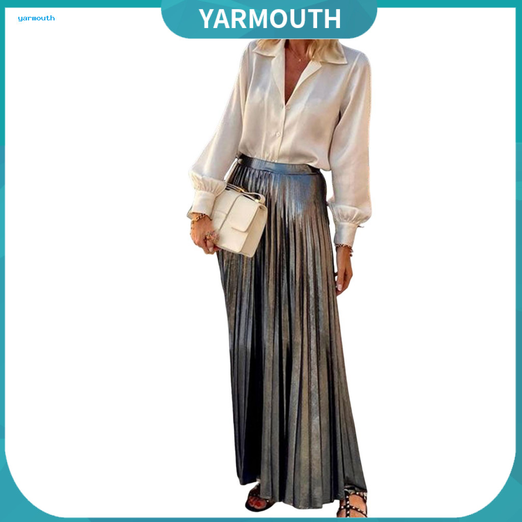 Matching Top and Skirt Women Formal Shirt Women’s Spring Fall Long Sleeve with Single-breasted Lapel  Pleated Glossy M
