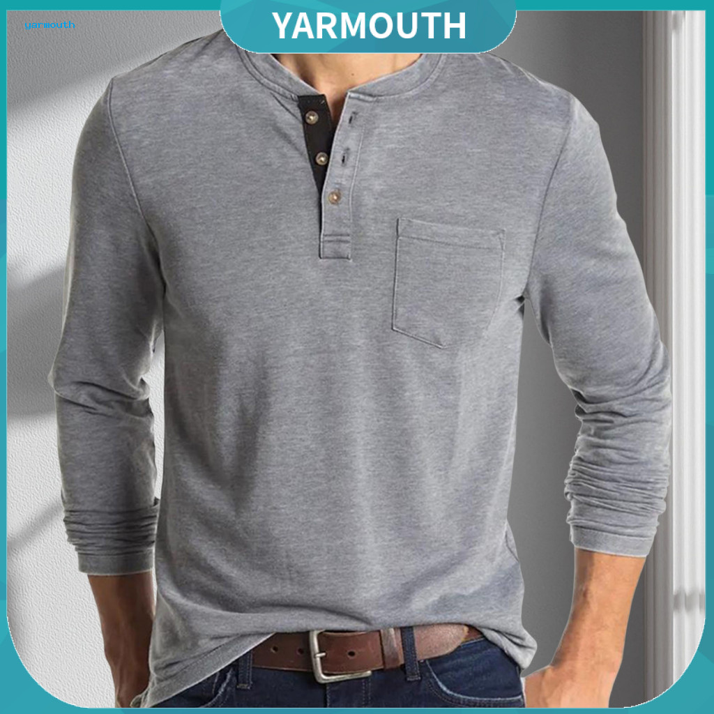 Fall Men Shirt Slim Fit Top Men's Spring Long Sleeve Pullover T-shirt O Neck Buttoned Chest Pocket Stretchy Solid Color