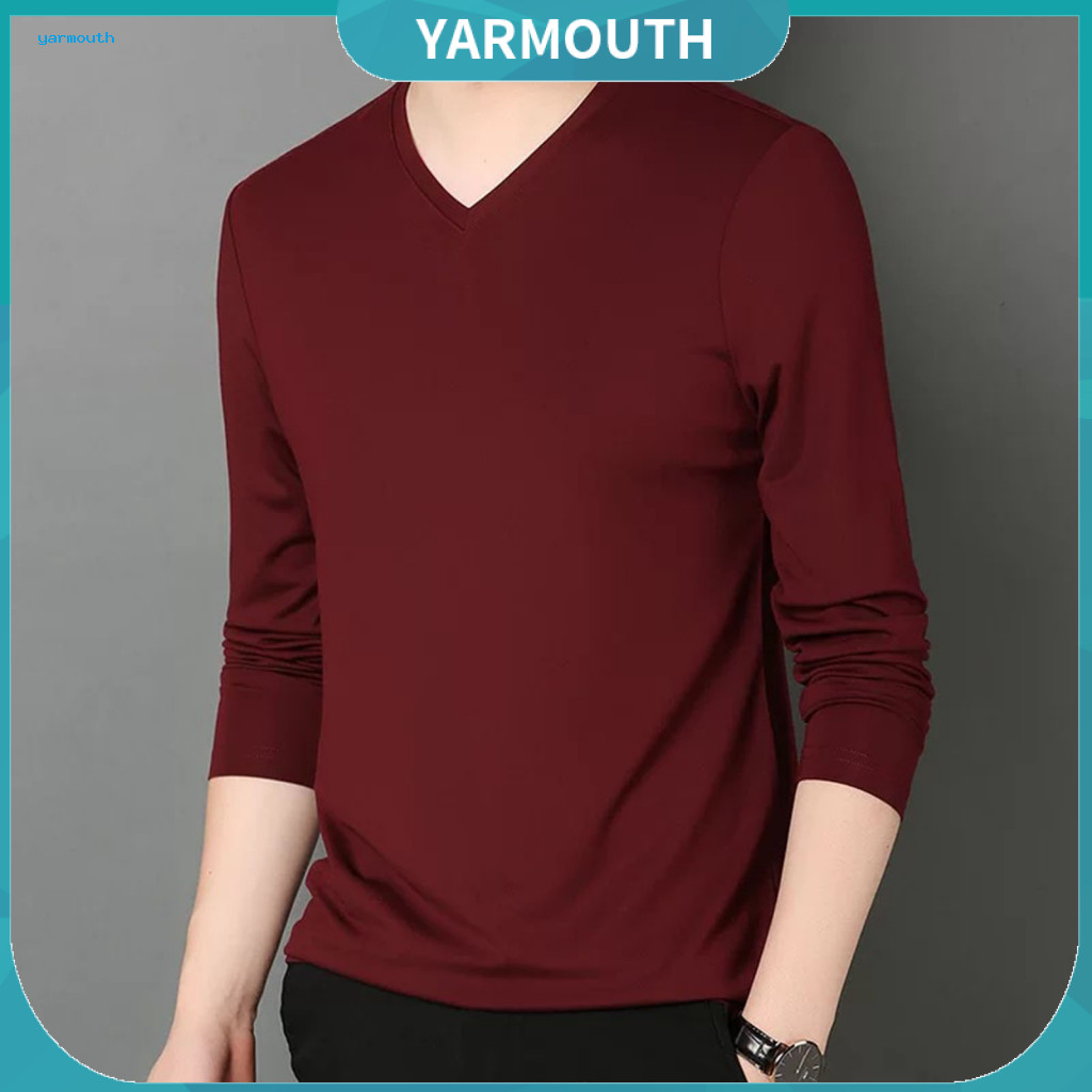 Long-sleeve Shirt Everyday Wear Tee Men's Spring Fall V-neck Long Sleeve Slim Fit Pullover T-shirt Lightweight Pure Colo