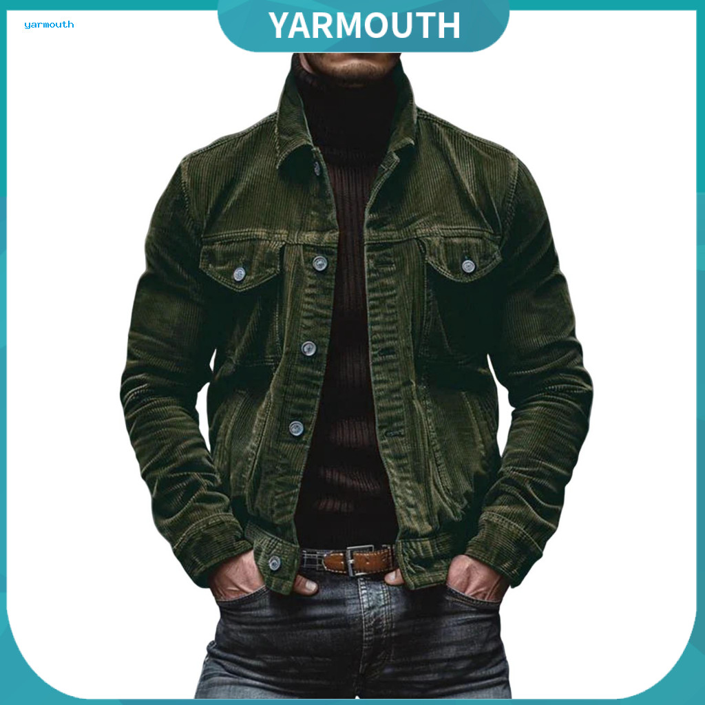 Solid Color Winter Jacket Men Corduroy Men's Spring Fall Coat Loose Fit Single-breasted Button-down Outerwear with Turn-