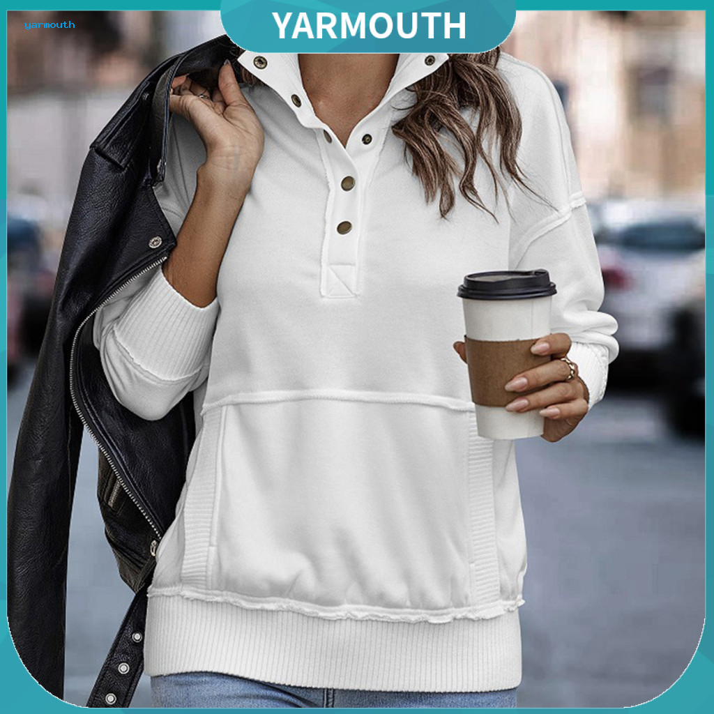 Women Sweatshirt Solid Color Stand-up Collar Women’s Fall Spring Half-zip Stand Loose Pullover with Big Pocket Elastic