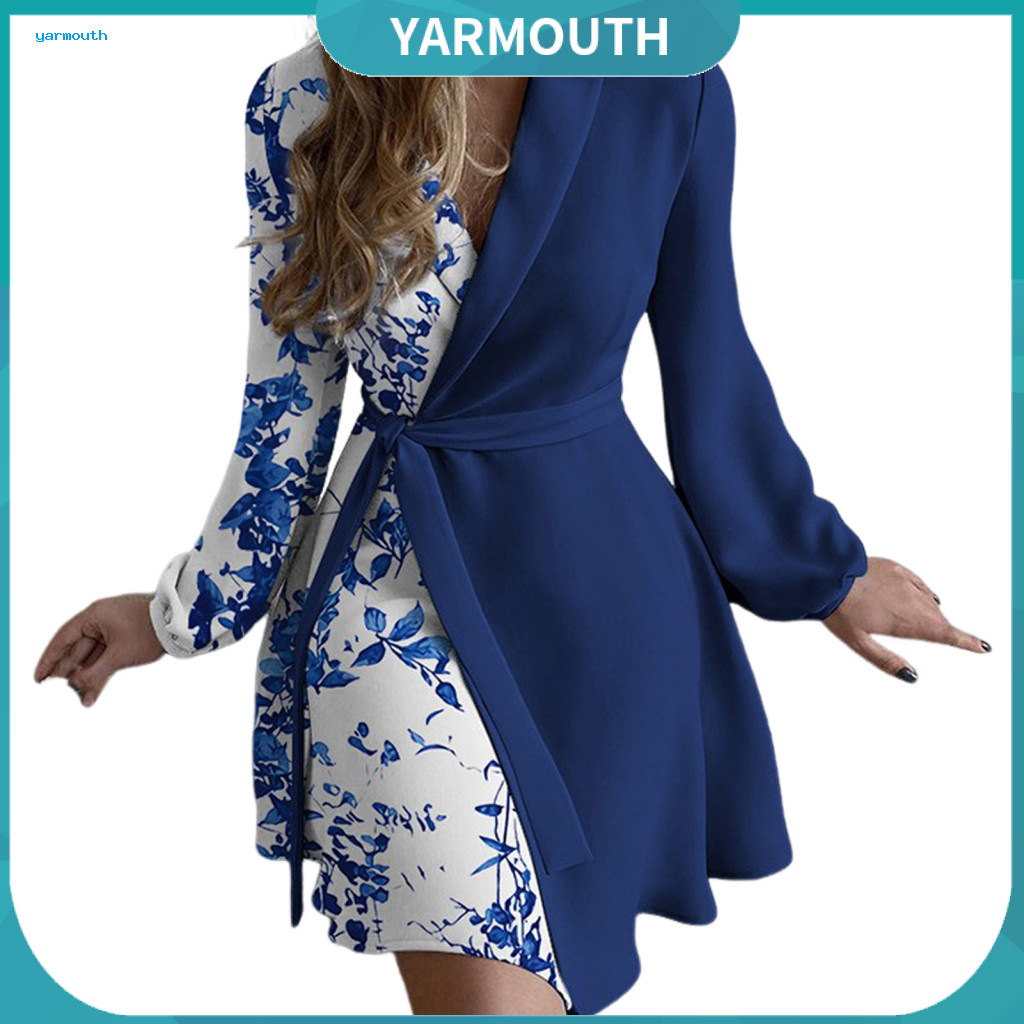 A-line Silhouette Dress Women Waist-cinched Spring Fall Lace-up Waist Tie Lapel V Neck Mini Long Sleeve Color Block Busi