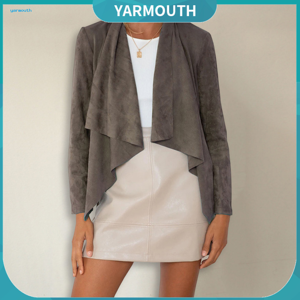 Women Jacket Solid Color Spring Fall Women’s Open Stitch Irregular Ruffle Hem Imitation Deerskin Long Sleeve Casual Ou