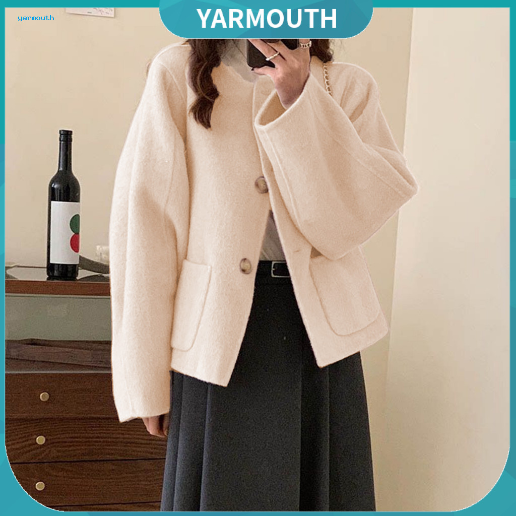 Spring Autumn Winter Jacket Women Women’s Fall Woolen Loose Short Coat with Crew Neck Single-breasted Design Side Pock