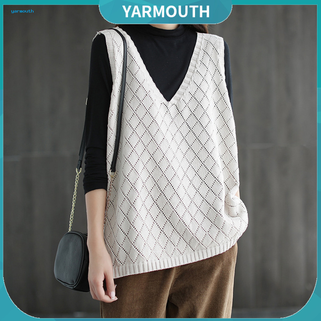Women Vest Winter Knitted Spring Fall Women’s Sweater Retro V Neck Loose Sleeveless Pullover Hollow Out Rhombus Patter