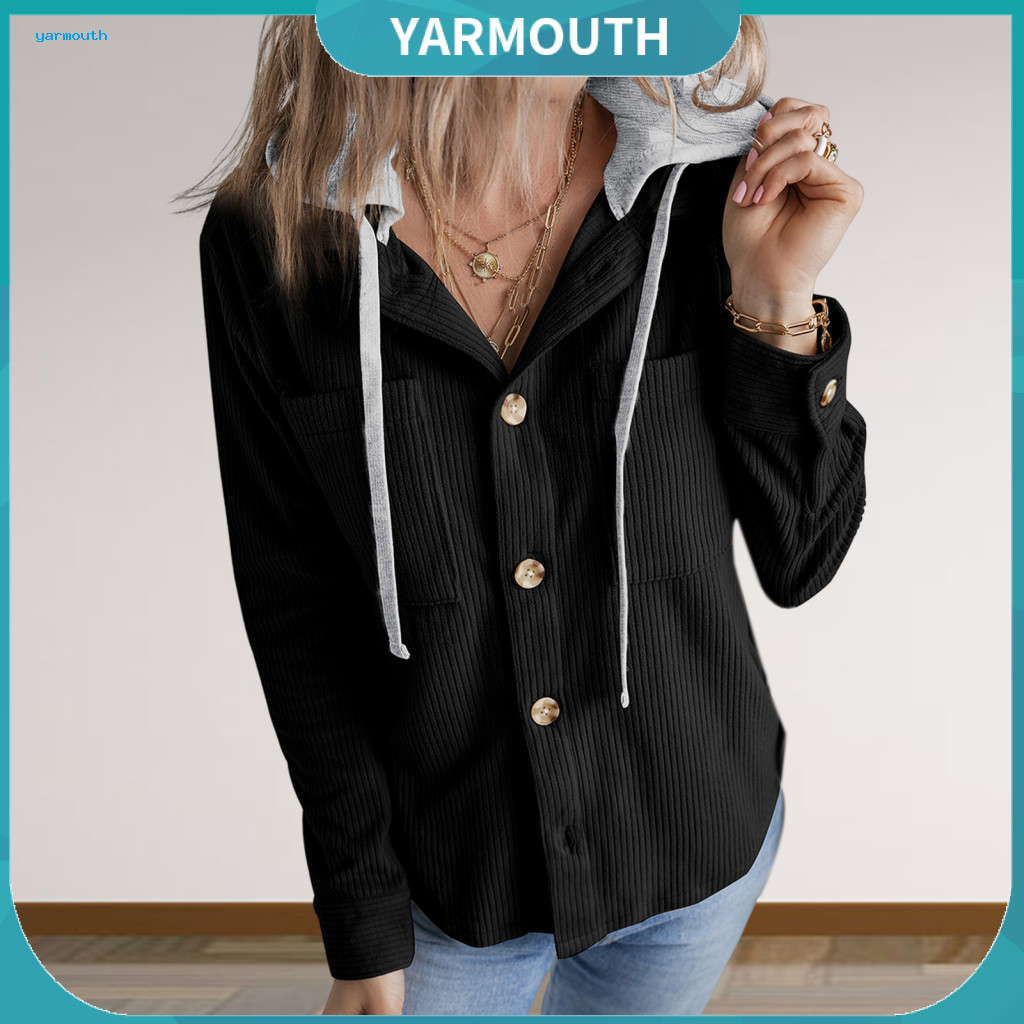 Women Loose-fitting Jacket Spring and Autumn Fashion Fall Women’s Shirt with Patchwork Hood Chest Pockets Drawstring W
