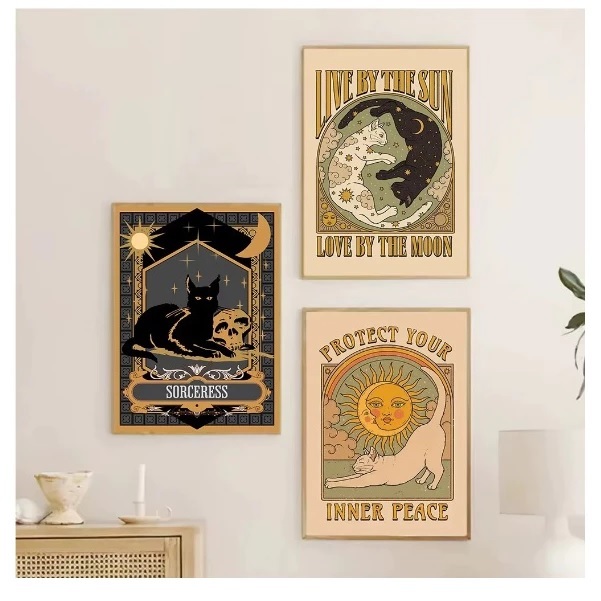 Quadros decorativos Gato abstrato vintage tarô os amantes sol lua ilustração (3 peças)30x40
