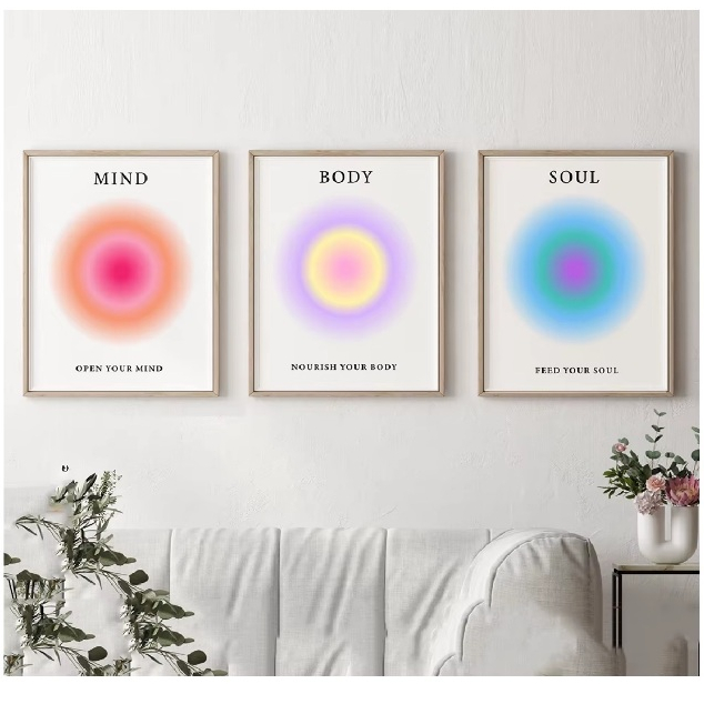 Quadros decorativos Círculo abstrato Gradiente aura cores Vintage (3 peças)