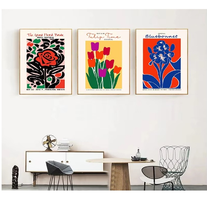 Quadros decorativos Flower Festivals Poster Abstrato Vintage, Lilac Tulip (3 peças)